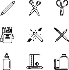 Obraz premium Nine line art icons of art supplies including pencils scissors and containers on a white background