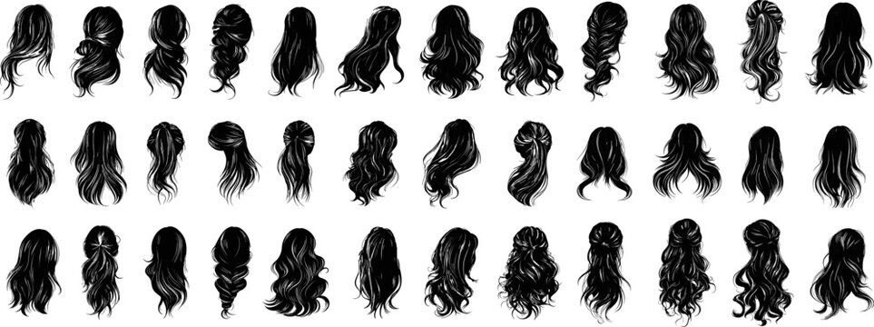 Women hairstyles black ink vector set. Elegant updos messy buns sleek ponytails braided crowns beach waves pixie cuts layered lobs voluminous curls half up styles twisted knots french rolls
