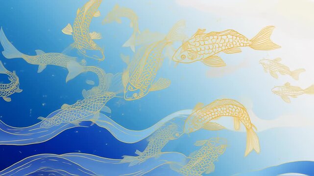 Gold fish swim in a blue watery scene