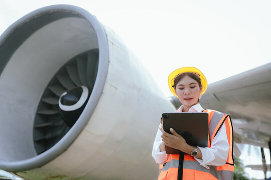 A female aviation worker wearing a hard hat and safety vest inspects an airplane, holding a tablet and gesturing confidently during an outdoor aircraft maintenance check.
