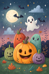Cute halloween characters including pumpkins and a ghost under a full moon