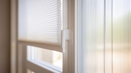 Minimalist white window frame with translucent panels filtering soft daylight.
