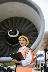 A female aviation worker wearing a hard hat and safety vest inspects an airplane, holding a tablet...