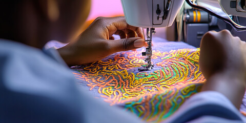 Person Embroidering Multicolored Textile with Sewing Machine