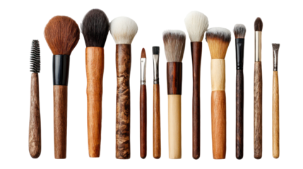 Wooden makeup brushes isolated on transparent background

