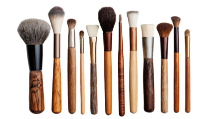 Wooden makeup brushes isolated on transparent background

