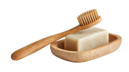 Wooden toothbrush and soap dish isolated on transparent background

