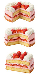 Photo of a layered strawberry cake with whipped cream on top.