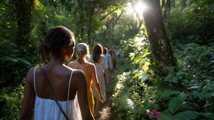 Fototapeta premium Group of people walking through lush tropical forest during golden hour surrounded by vibrant nature