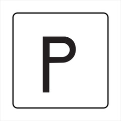 A black parking 'P' symbol on a white square sign, offering guidance and direction for transportation and traffic management in urban environments.