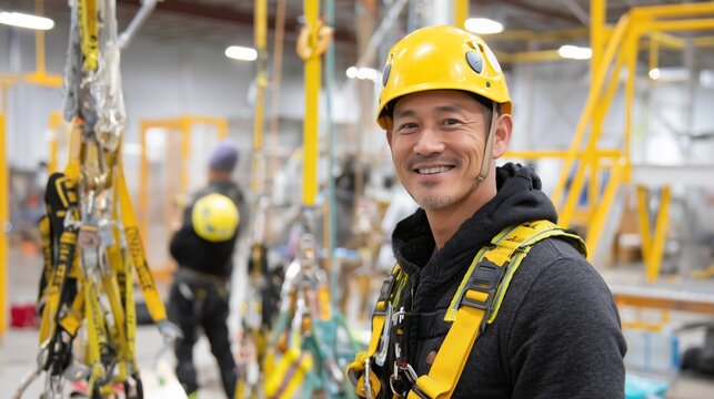 Skilled worker in safety gear smiles during training at an indoor construction facility