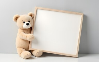 Soft beige teddy bear holds blank frame Light grey background , adorable, template, memory. High quality