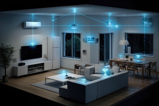 Smart home interior at night, showing interconnected devices