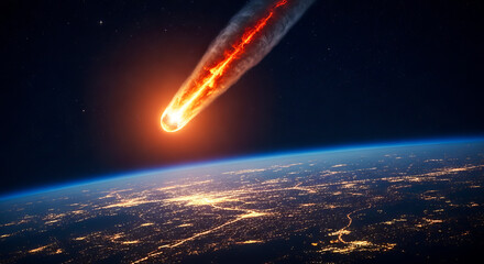 A massive asteroid engulfed in flames entering Earth's atmosphere, with city lights visible on the planet below