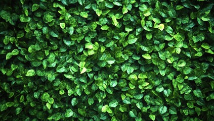 Fototapeta premium A dense, vibrant green foliage wall with small, lush leaves creating a natural, textured pattern.