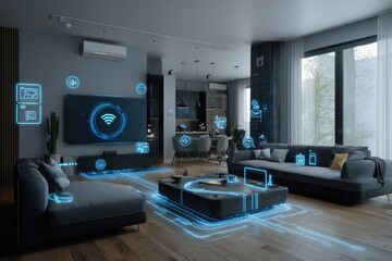 Modern smart home interior with interactive interface