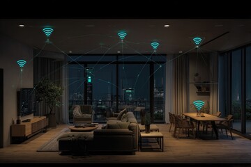 Smart home network at night.  Modern living room with WiFi signals connecting devices.  City view