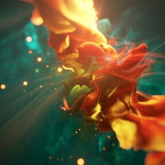 Fototapeta premium Fiery fluid nebula with glowing particles abstract