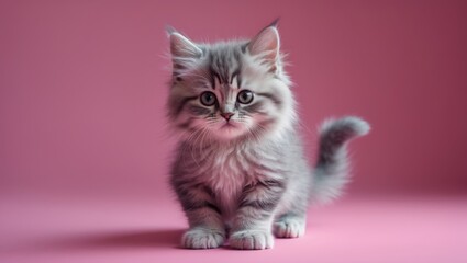 Adorable grey tabby kitten with big eyes standing on a pink background.