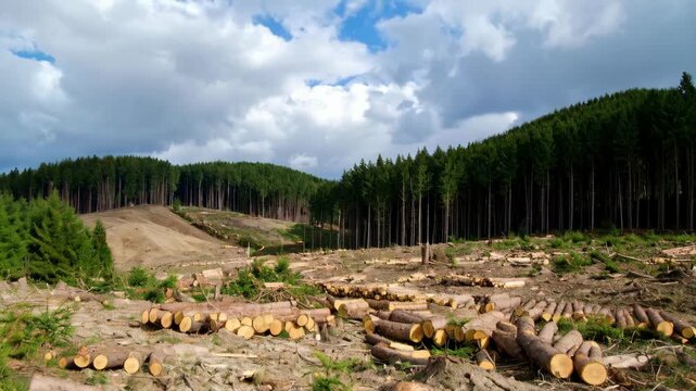 Landscape showing clear-cut forest and felled logs with forest edge on a hillside under cloudy sky, deforestation, lumber piles, logging industry