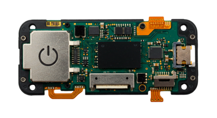 Close up view of a green circuit board with various components and connectors on a black background