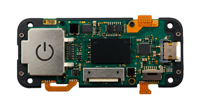 Close up view of a green circuit board with various components and connectors on a black background