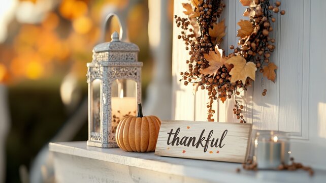 Festive Thanksgiving entryway with a handmade wreath and mini pumpkins creating a warm and inviting atmosphere