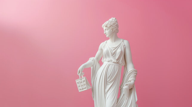 Shopping concept, Ancient greek god white sculpture holding shand bag on color background