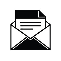 Black and white simple icon showcases a document sticking out of an open envelope