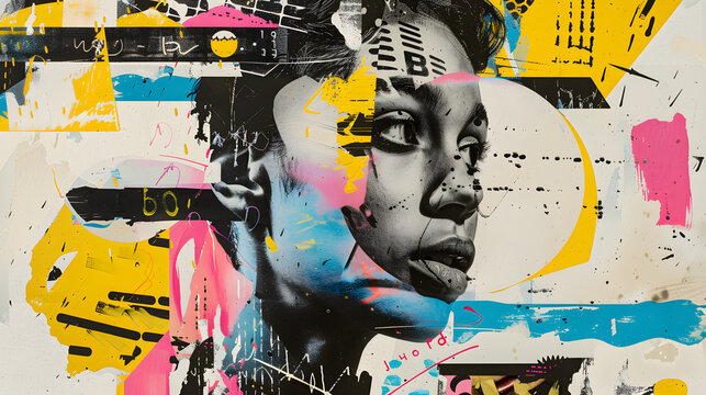 A dynamic abstract collage of a fragmented woman's face with bold yellow and pink graffiti elements - Powered by Adobe