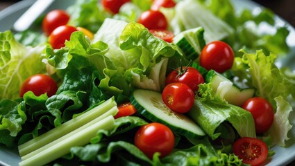Fresh salad with lettuce, cherry tomatoes, and cucumber. Healthy vegetable dish.