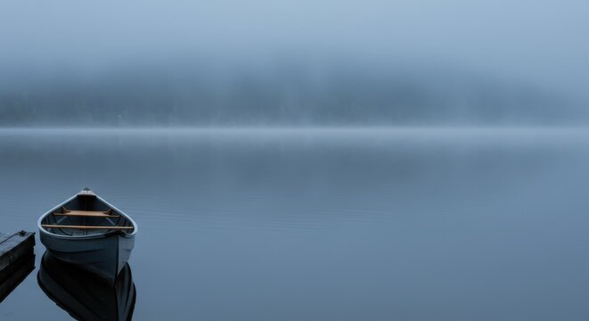 A serene, foggy lake scene with a canoe in the foreground, reflecting the sky.