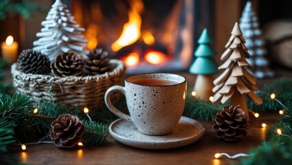 Cozy winter scene with pinecones, Christmas trees, and a cup of hot beverage near a fireplace decorated with string lights.