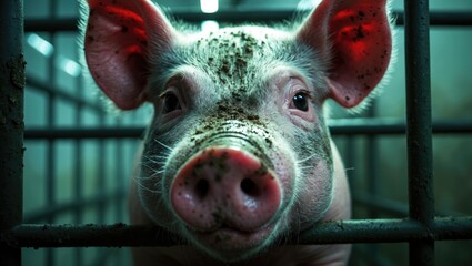 Pig in a cage with a facial expression of sadness or curiosity. Pen or enclosure for farm animals. Agriculture and livestock concept. The environment of farm animals.