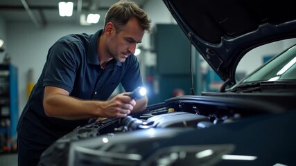 Experienced male mechanic carefully inspects engine components under the hood of a car using a compact flashlight, highlighting the details in the engine bay, modern workshop background.


