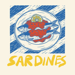 Fototapeta premium Canned sardines forever. Tomato and lemon fish design. Fish vintage artwork. Sardines love club. Sardines fish artwork for t shirt print, poster, sticker and other uses. 