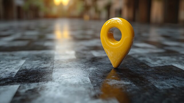 Glossy yellow location marker on a patterned surface.