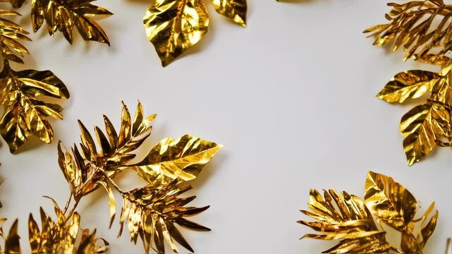 Gold leaf foliage border on white background