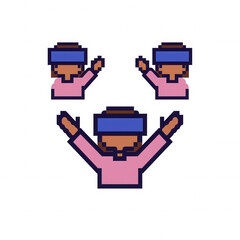 Virtual reality pixel art characters wearing headset with raised hands in excitement