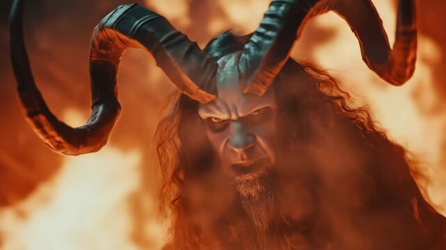 Scary man with horns standing in fire and smoke. Krampus demon with evil face, horror character footage.