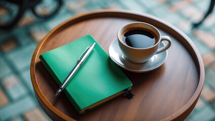 A cup of coffee, a green notebook, and a pen on a wooden tray.