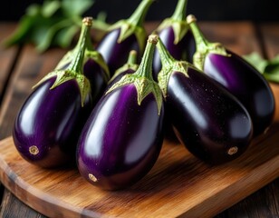 Glossy purple eggplants arranged in a casual pile on a wooden board, side lighting.