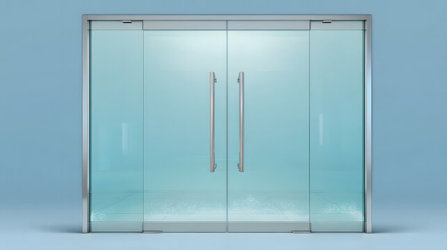 Realistic glass door double with metal handles. Modern clear doors with steel frame for shop store mall, boutique or office indoor entrance. Modern architecture layout. 3d vector illustration