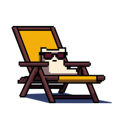 Pixel art cat relaxing on yellow lounge chair wearing sunglasses with cool expression
