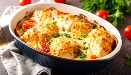 Baked chicken breasts with cheese and cherry tomatoes in a baking dish