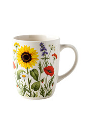 Floral Illustration on a Mug with a Sunflower, Field Flowers, & Greenery