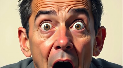 A close-up portrait of a middle-aged man with a look of absolute shock and fear. His eyes are wide and bulging, and his mouth is open in terror or disbelief.