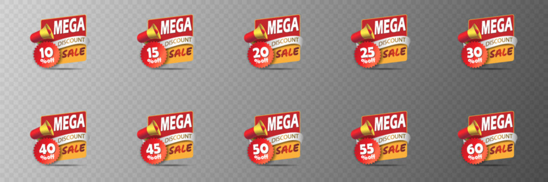 Super discount labels with megaphone and percentage tags 10-60% discount.