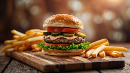 Close-up of a hamburger with French fries and onion rings on a wooden board, featuring lettuce, tomato, pickles, and melted cheese. Fast food meal presentation.