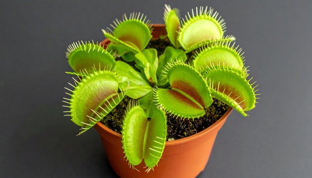 Close-up of a Venus flytrap plant in a terracotta pot